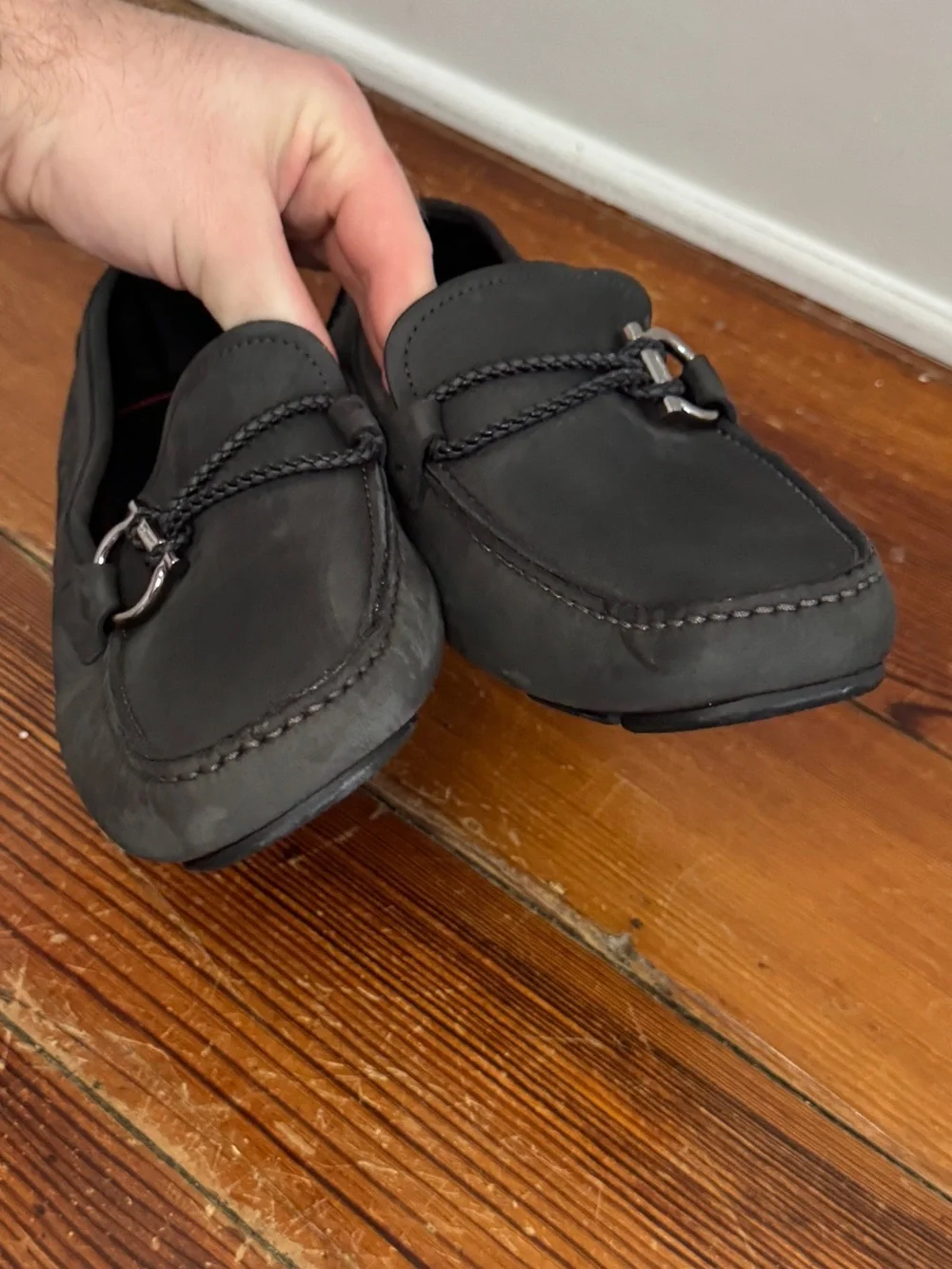 Salvatore Ferragamo Driver Loafers Ornament Gancini Detail Gray Nobuck Suede 7.5